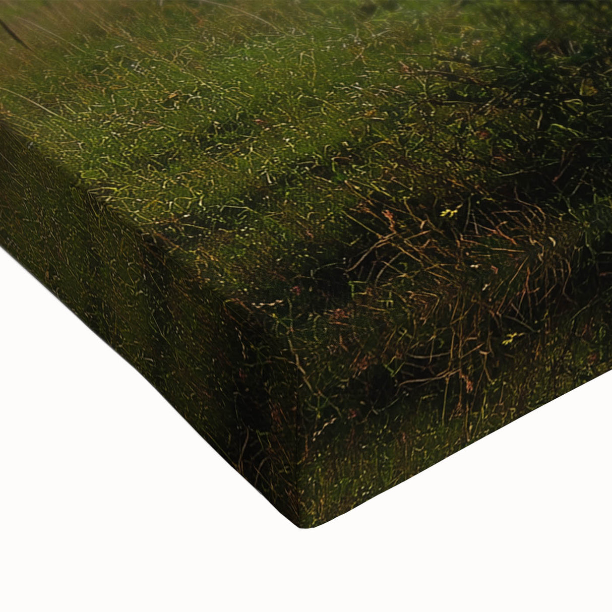 Close-up of a stretched canvas featuring a vibrant countryside landscape design, showcasing rolling hills, lush greenery, and a serene sky, perfect for home decor.
