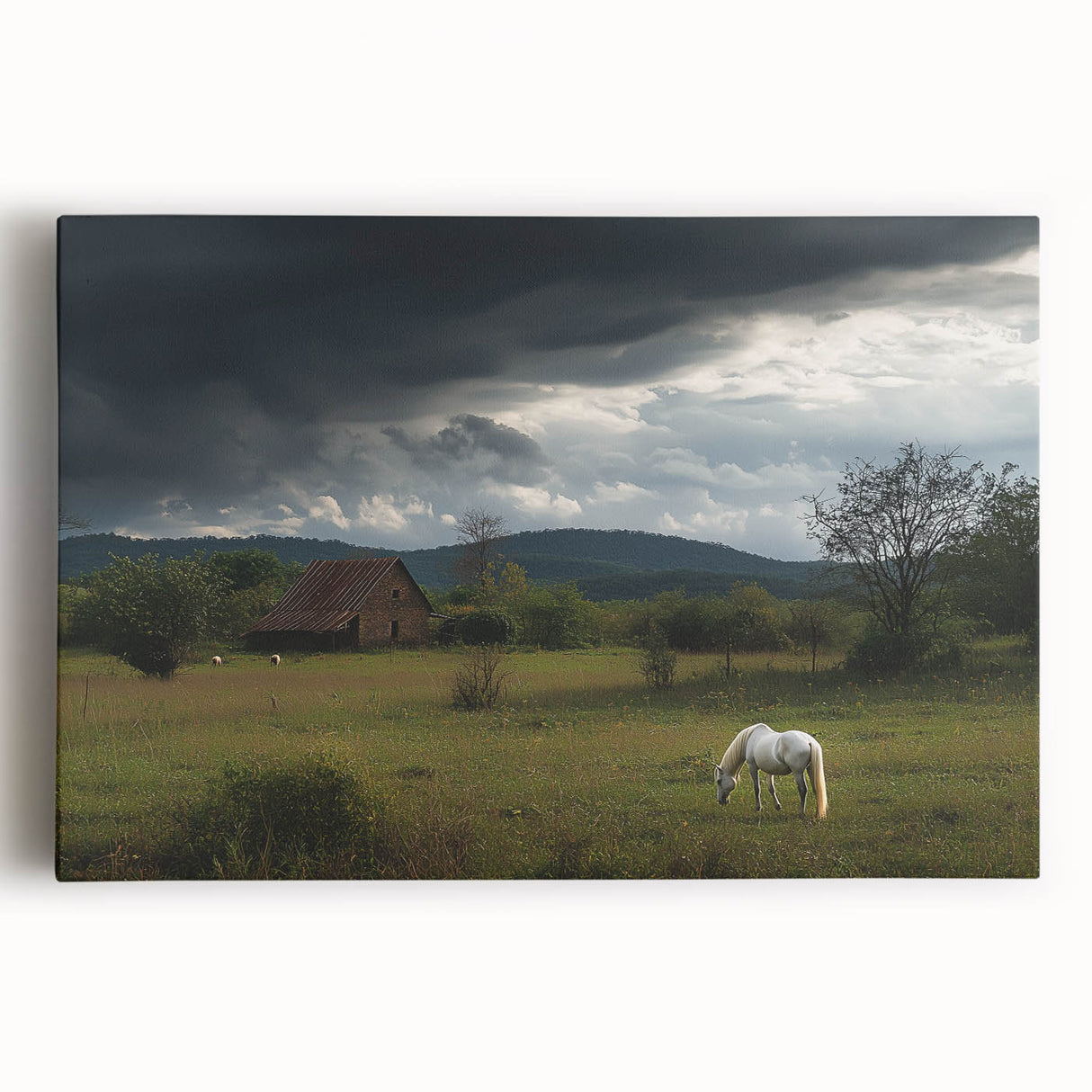 Stretched canvas artwork depicting a serene countryside landscape with vibrant green fields and a clear blue sky, ideal for home décor and nature lovers.