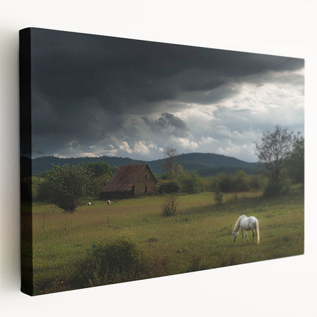 Stretched canvas artwork showcasing a serene countryside landscape in vibrant colors, highlighting rolling hills and a clear sky, perfect for home decor.
