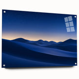 Desert landscape acrylic glass artwork showcasing vibrant colors and intricate details, displayed from a side view with decorative pins for mounting. Perfect for modern home decor.