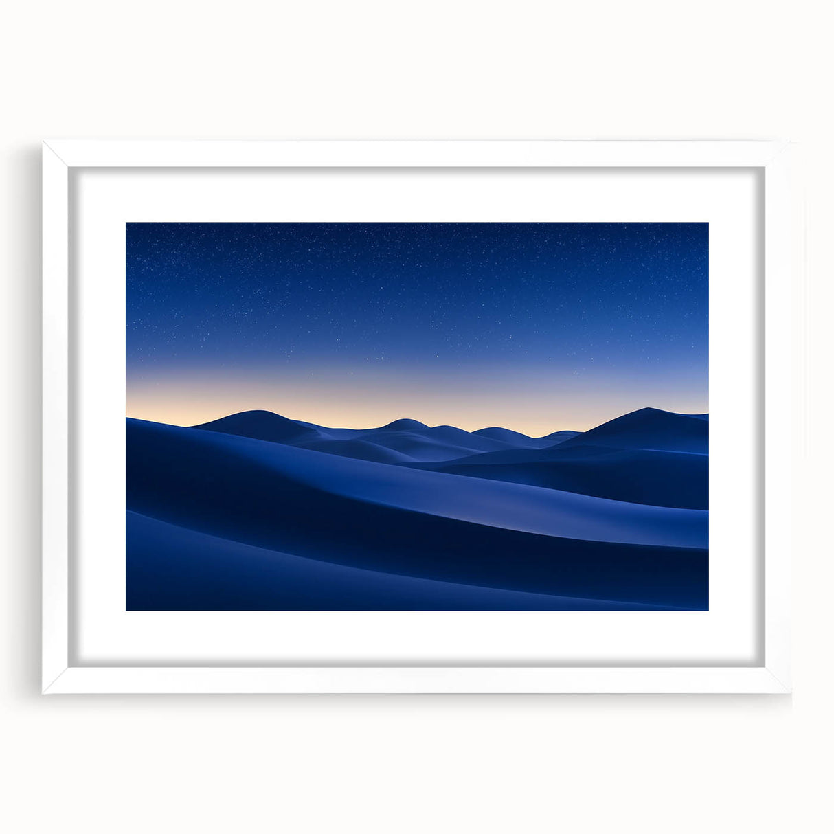 Desert landscape art print framed in a sleek white mat, showcasing warm tones and intricate details, perfect for home decor or gallery display.