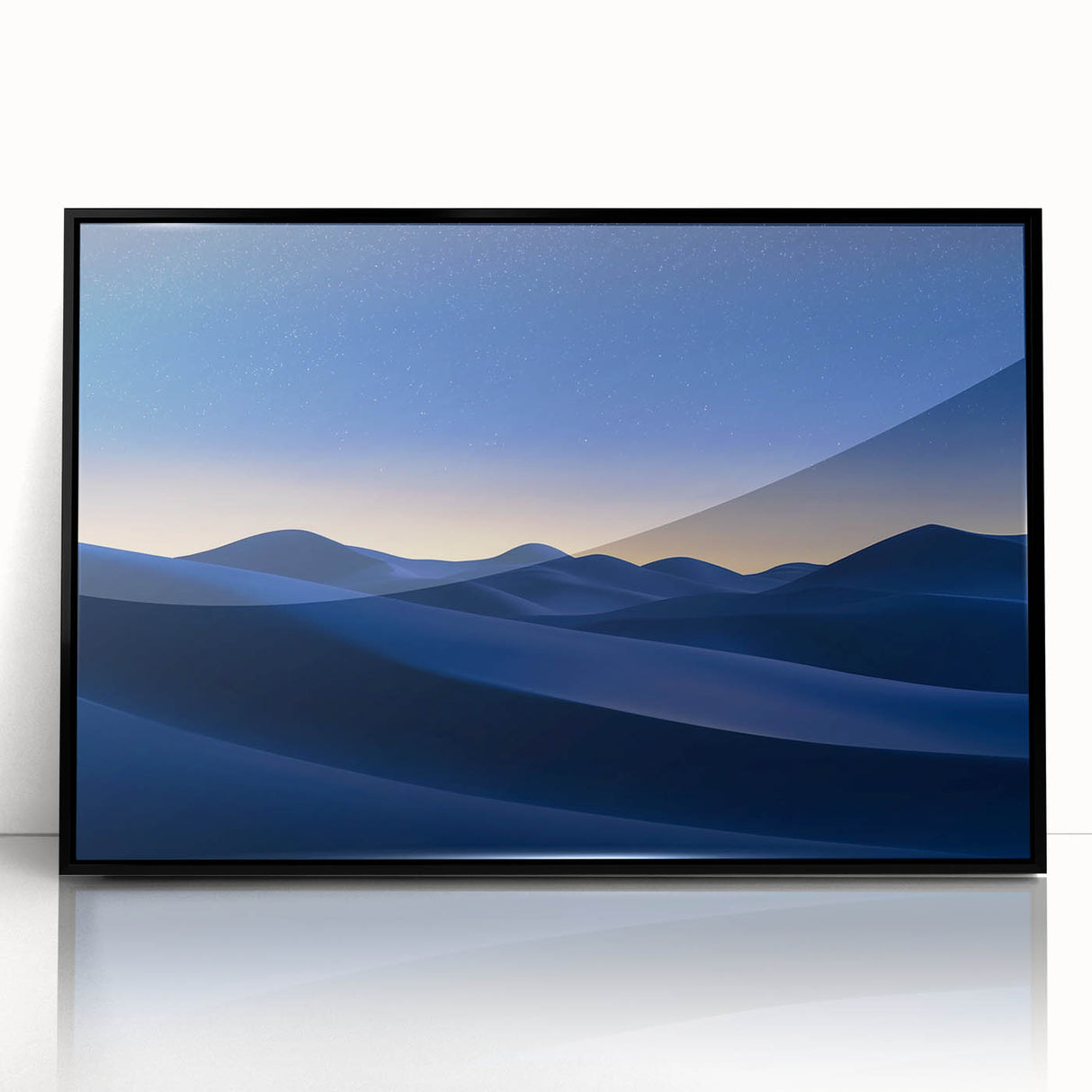 Framed acrylic artwork depicting a serene desert landscape with vibrant colors, presented in a sleek black frame, perfect for modern home decor.