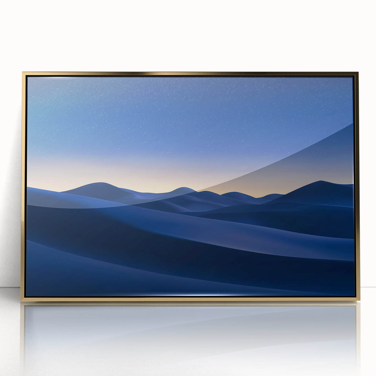 Framed acrylic artwork showcasing a stunning desert landscape with golden hues, perfect for modern home decor. Ideal for adding warmth and elegance to any room.