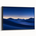 Framed canvas artwork showcasing a serene desert landscape with warm earth tones, featuring a sleek black frame and side view display for elegant decor.