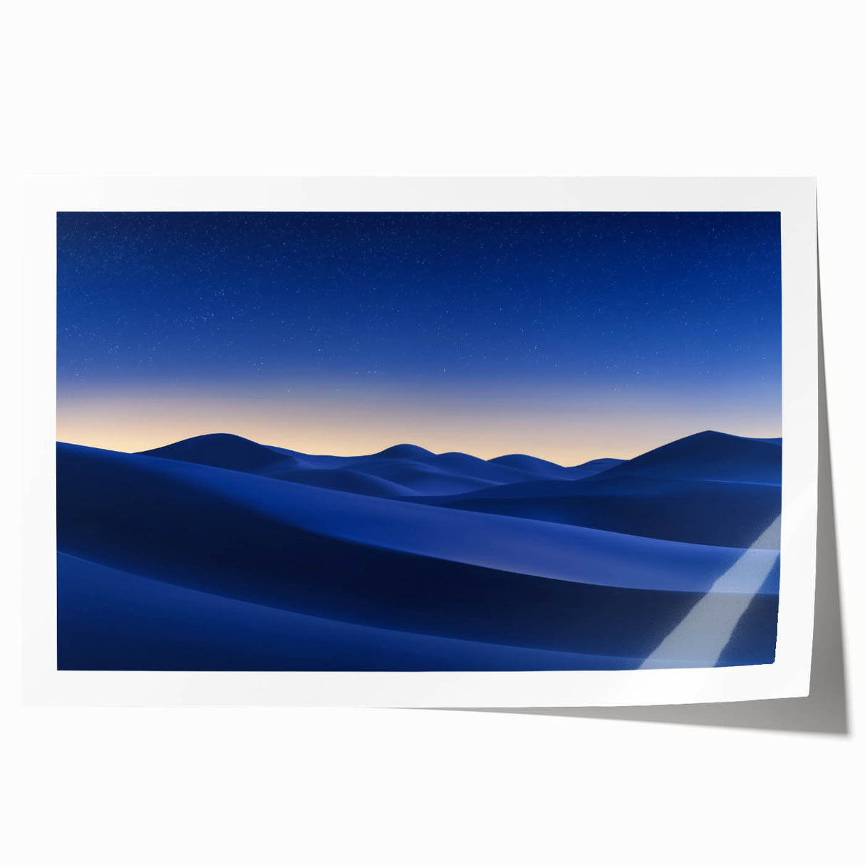 Desert landscape rolled canvas print showcasing vibrant orange and yellow hues, depicting a serene sunset over sand dunes, ideal for home decor or art enthusiasts.