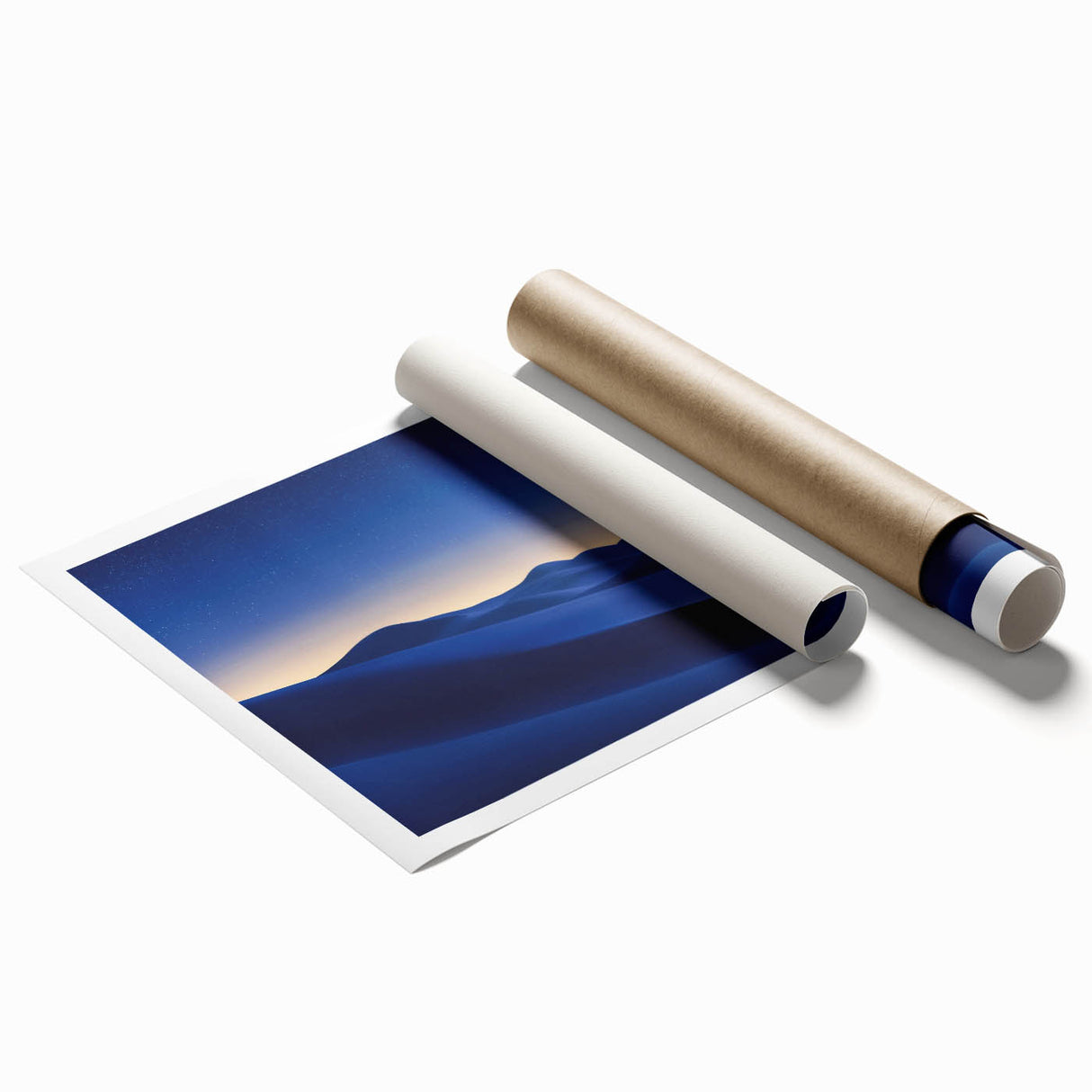 Desert landscape rolled canvas print showcasing vibrant colors and intricate details, elegantly packaged in a protective cardboard tube for easy display.