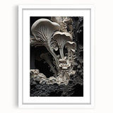 Abstract art print featuring swirling patterns in muted gray and blue tones, framed with a white mat.