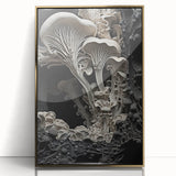 Large acrylic print of abstract natural elements in gold tones, framed, mid-century modernist style.