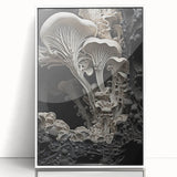 Art deco poster featuring geometric patterns in black and white, acrylic print framed in white.