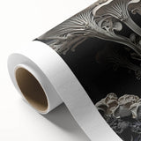 Art deco poster featuring geometric patterns in muted gold and white on rolled canvas.