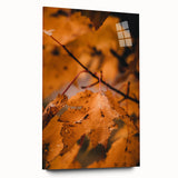 Large abstract wall art on acrylic glass featuring swirling autumnal hues, ideal for bedroom or dining room decor.