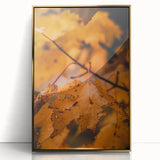 Large art print of a mid-century modernist autumn scene in muted gold and brown tones on framed acrylic.