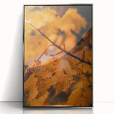 Mid-century modernist art depicting an autumn scene in muted orange and brown tones, acrylic print framed in silver.
