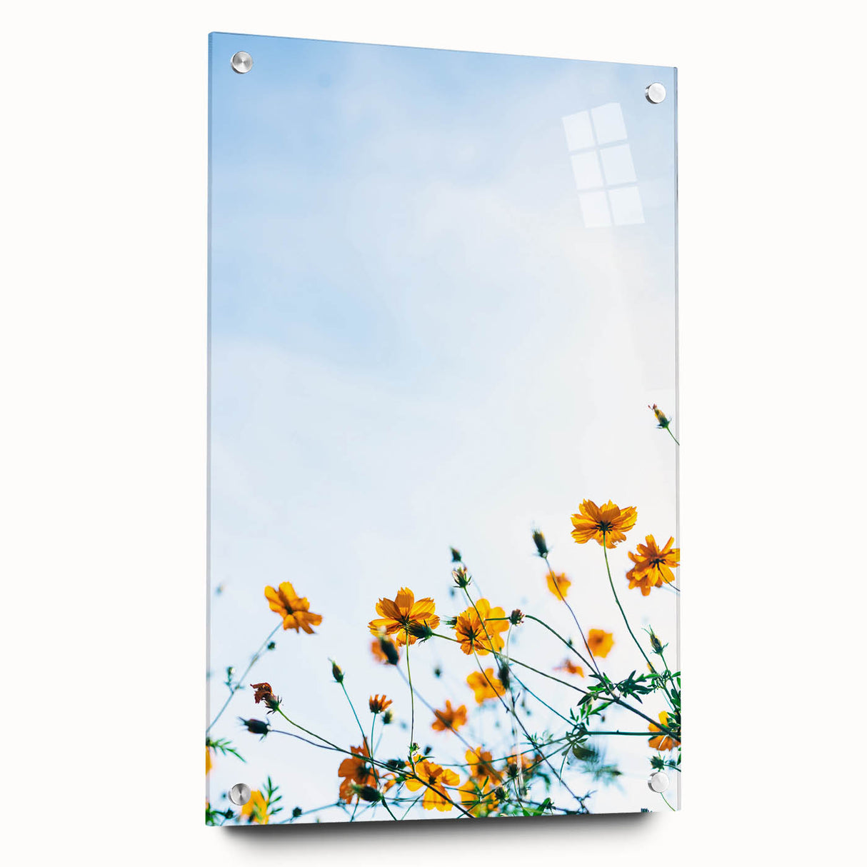 Large abstract wall art on acrylic glass depicting spring season in pastel shades, ideal for bedroom or dining room decor.