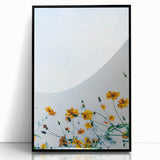 Large abstract wall art featuring a mid-century modernist spring scene in muted green and pink, framed in black acrylic.