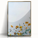 Large art print of a mid-century modernist spring scene in pastel shades on a framed acrylic, ideal for nursery wall art.