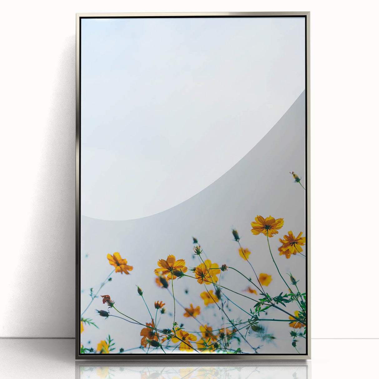 Mid-century modernist art depicting spring season in pastel shades on a silver-framed acrylic, suitable for nursery wall art.