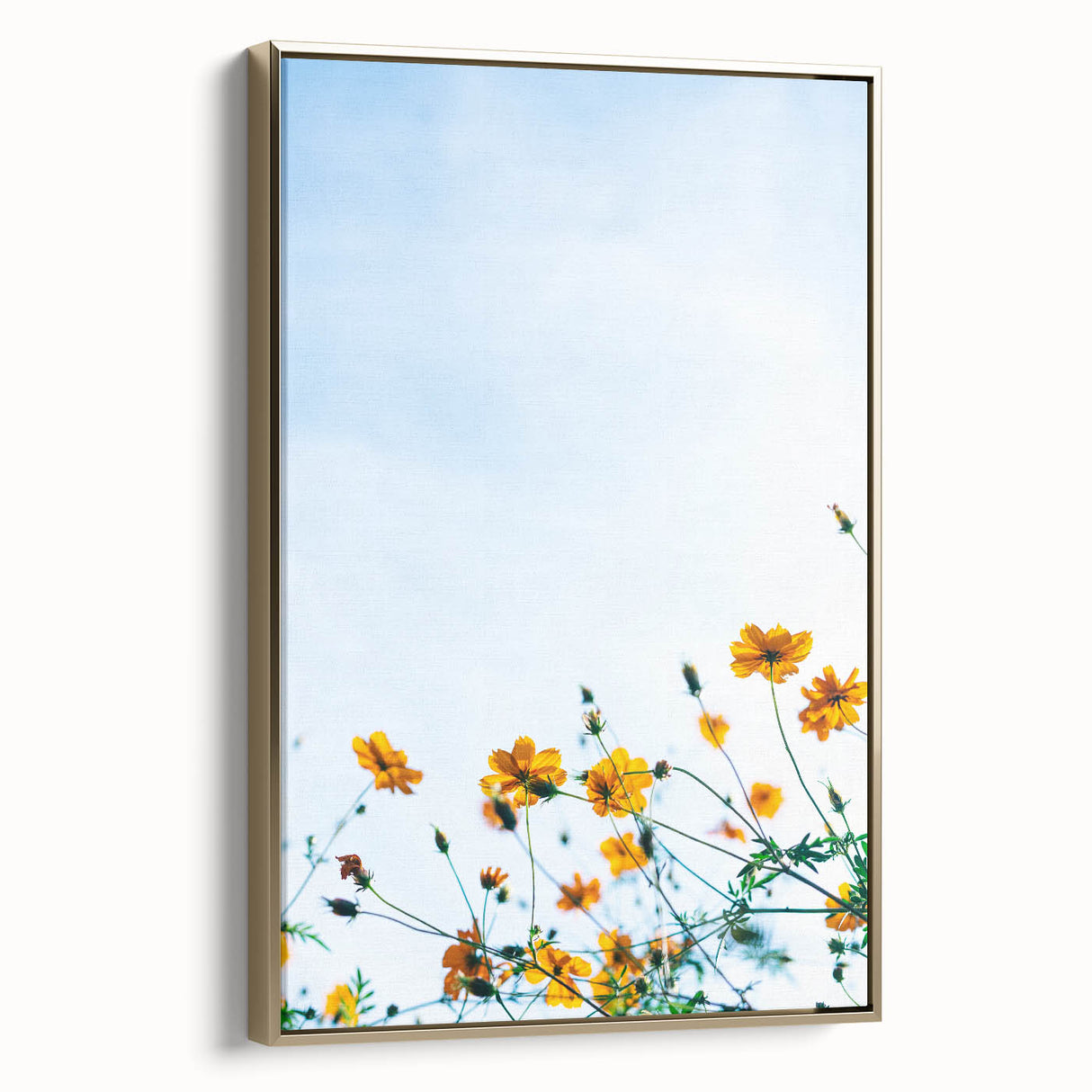 Framed canvas depicting a vintage landscape with spring theme in muted green and gold tones, ideal for bedroom decor.