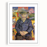 Textured abstract art print depicting swirling patterns in vibrant blue and yellow hues, framed in white.