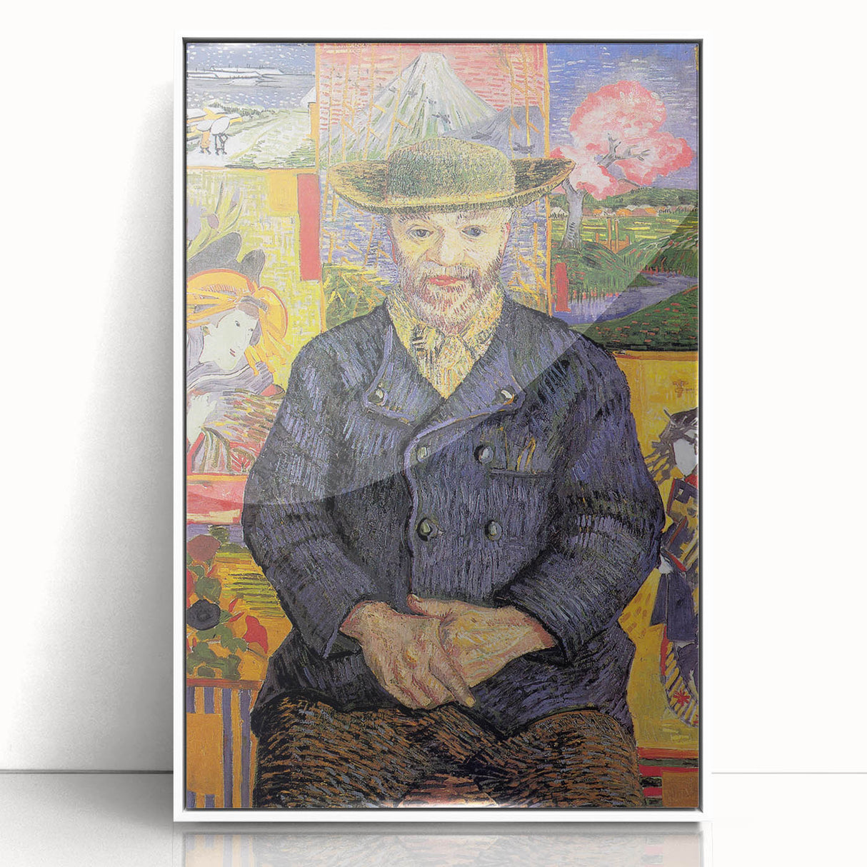 Mid-century modernist art depicting a starry night with swirling blue and yellow tones on a white acrylic framed print.