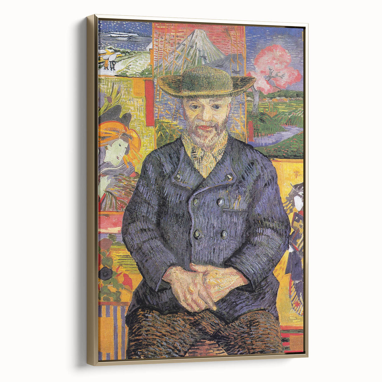 Vintage poster-style landscape painting on a framed canvas, featuring muted earth tones, ideal for bedroom wall decor.