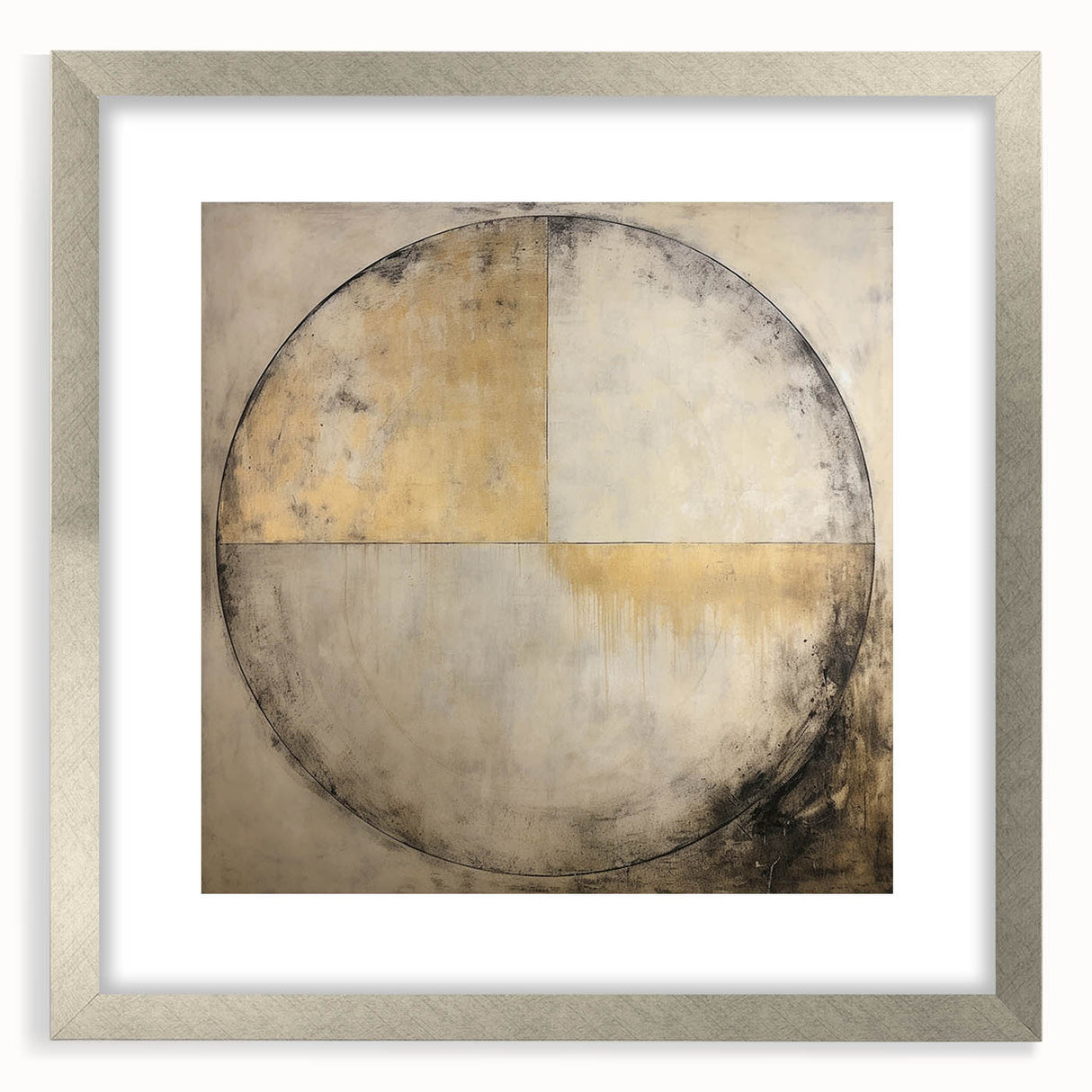 Abstract wall art featuring vibrant strokes in shades of blue, pink, and gold, framed in a sleek silver frame with a white mat, perfect for modern decor.