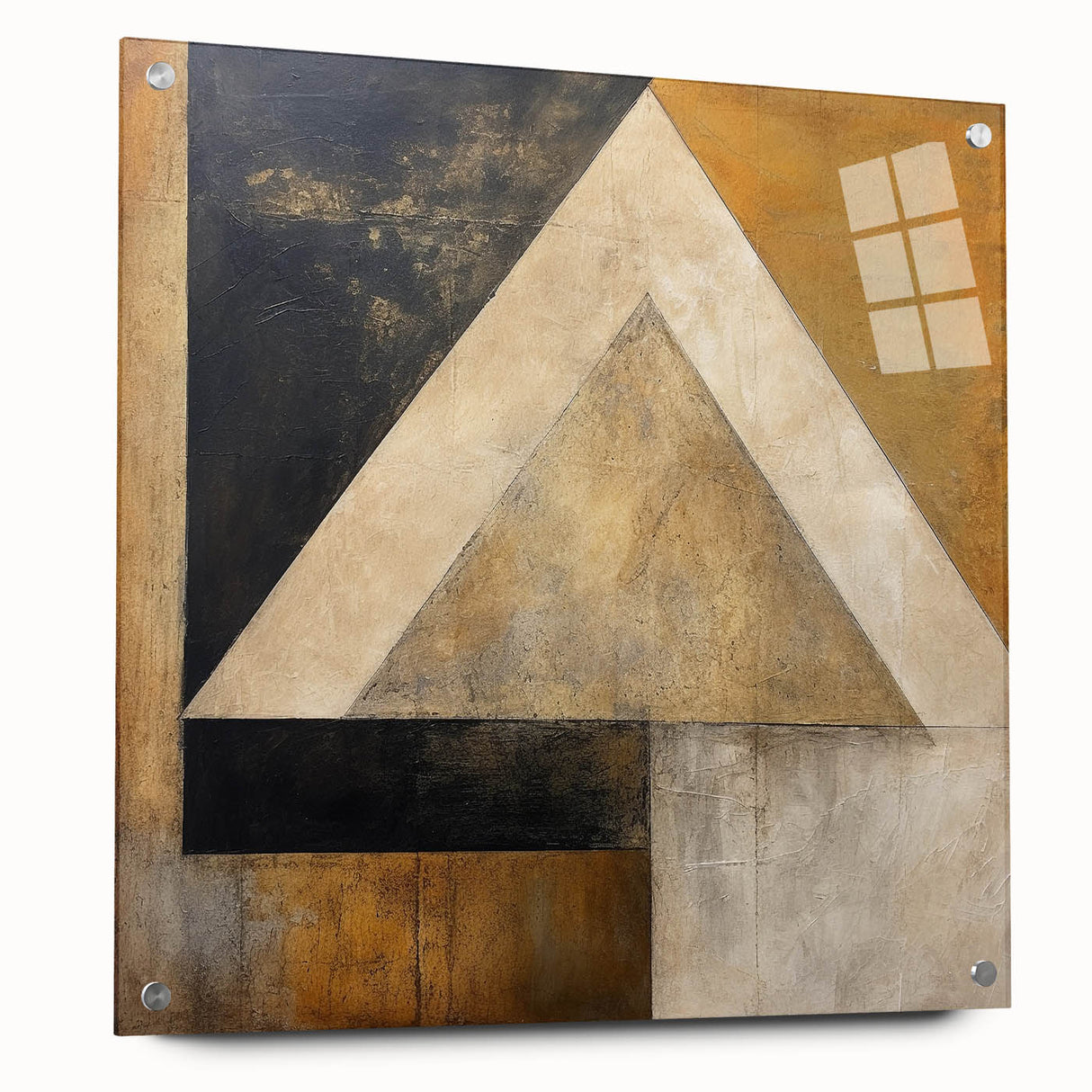Abstract strokes wall art displayed in a side view, showcasing vibrant colors and dynamic lines, mounted with decorative pins on an acrylic glass background. Perfect for modern interiors, this piece adds a contemporary touch to any space.