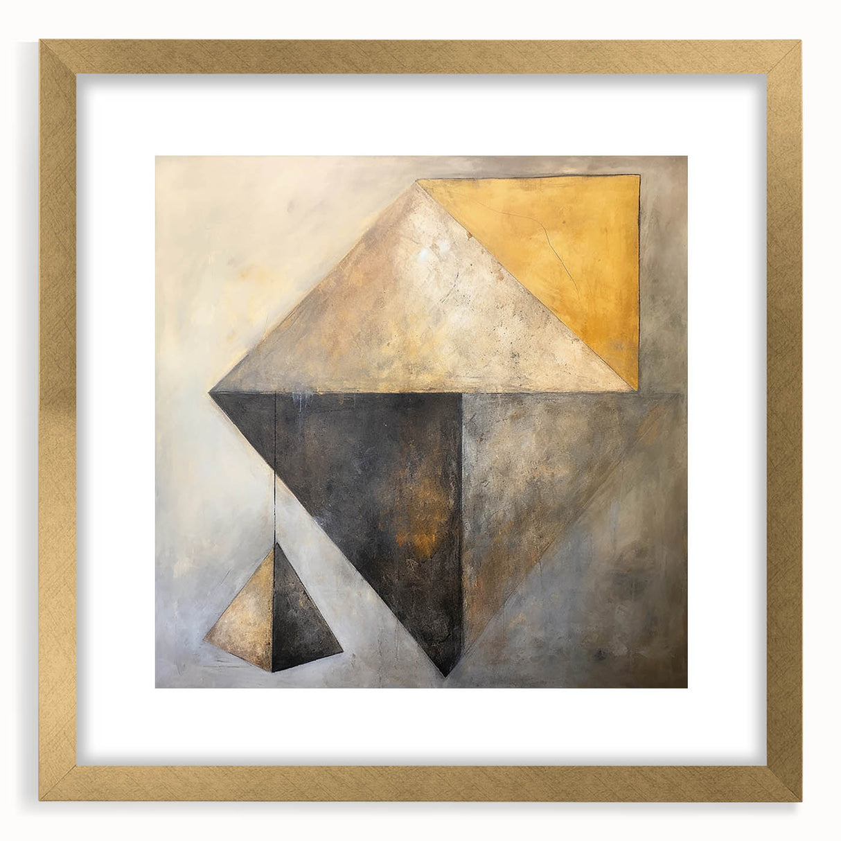 Abstract wall art featuring bold strokes in gold and cream, elegantly framed with a mat, showcasing a modern aesthetic perfect for contemporary home decor.