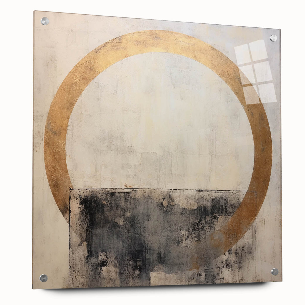 Abstract wall art featuring colorful acrylic strokes on glass, displayed in a modern setting with pins, adding a stylish and contemporary touch to home décor.