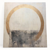 Abstract wall art featuring vibrant strokes in blue, pink, and gold hues on a stretched canvas, leaning against a neutral wall, perfect for modern home decor.