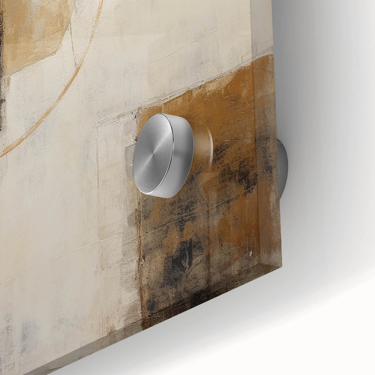 Close-up of vibrant abstract strokes wall art design on acrylic glass, showcasing a blend of blue, orange, and yellow colors, perfect for modern decor.