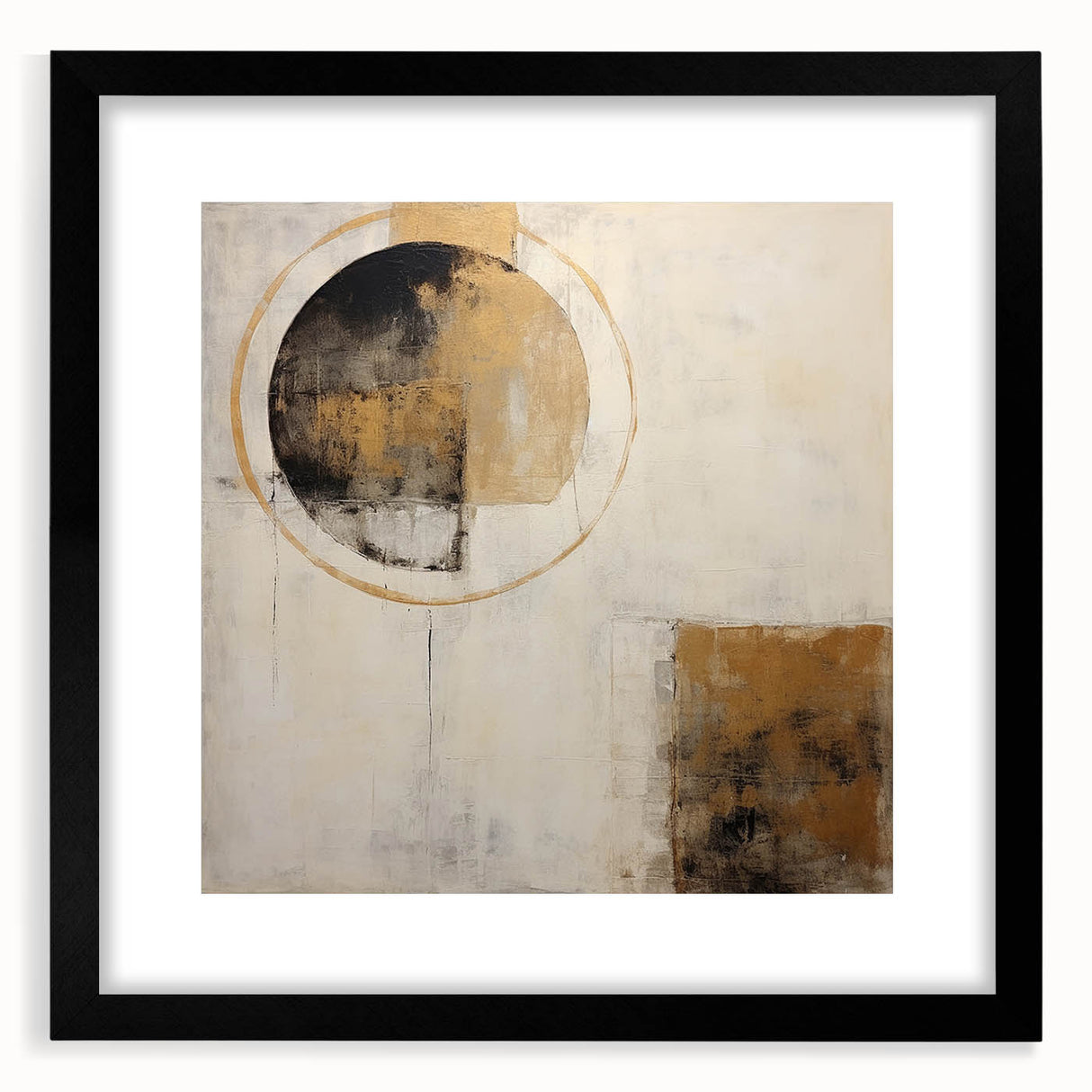 Abstract wall art featuring vibrant strokes in blue, orange, and yellow hues, framed with a sleek black mat, ideal for modern home decor. Perfect addition to living spaces or art galleries.