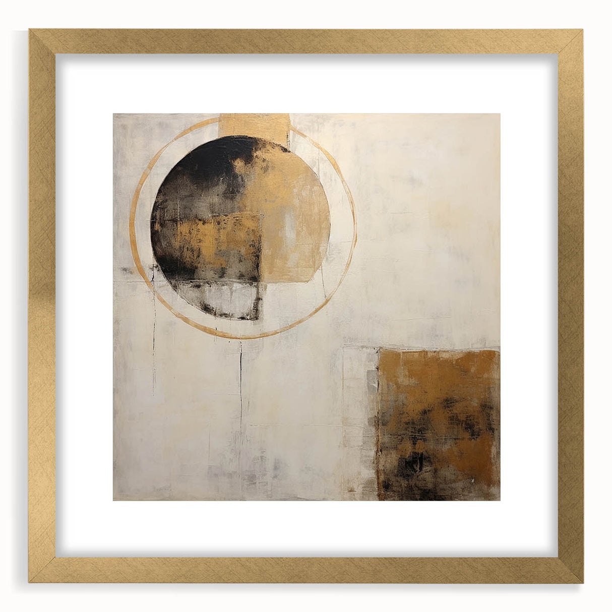 Abstract wall art featuring elegant gold strokes framed with a mat, showcasing a modern design ideal for contemporary home decor. Perfect for adding sophistication to any space.