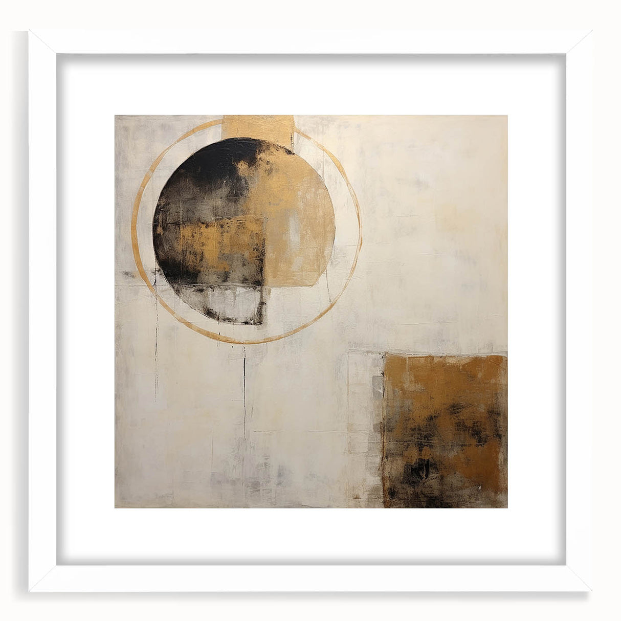 Abstract wall art featuring colorful strokes in shades of blue, yellow, and red, framed with a white mat, perfect for modern home decor and artistic expression.