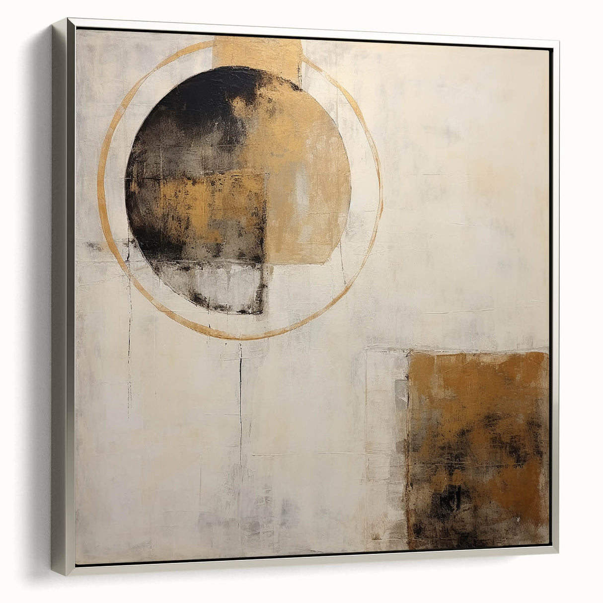 Framed abstract strokes wall art in silver tones, showcasing dynamic patterns and textures, perfect for modern home decor. Side view highlights its elegant design.