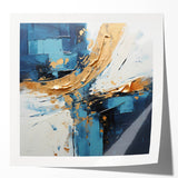 Abstract wall art print showcasing vibrant strokes in shades of blue, orange, and yellow, ideal for modern home decor. Perfect for adding a pop of color to any space.
