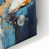 Abstract wall art featuring vibrant strokes in blue, orange, and yellow hues, displayed on acrylic glass, showcasing a modern and dynamic design perfect for contemporary home decor.