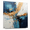 Abstract strokes wall art displayed in acrylic glass, showcasing vibrant colors and fluid designs, elegantly mounted with pins against a modern backdrop.