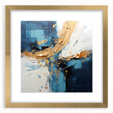 Abstract wall art featuring dynamic strokes in gold and black, elegantly framed with a mat, showcasing a modern design ideal for contemporary decor.