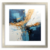 Abstract wall art featuring vibrant strokes in blue, gold, and silver, framed with a sleek silver mat, adding elegance to modern decor. Perfect for enhancing any living space.