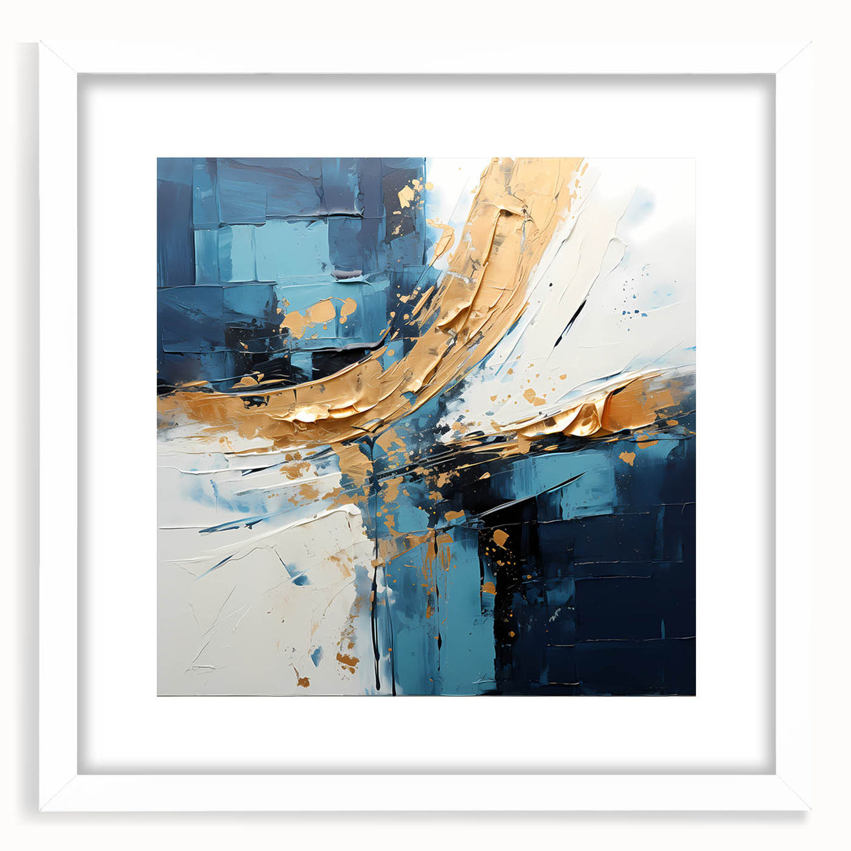 Abstract strokes wall art framed in white with a mat, showcasing a modern design featuring vibrant colors and dynamic shapes, perfect for contemporary decor.