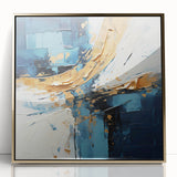 Framed acrylic wall art featuring abstract gold strokes on a sleek black background, ideal for modern home decor and stylish interior design accents.