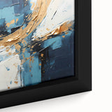 Close-up of framed abstract strokes wall art in vibrant colors, showcasing dynamic brushwork and textures on a canvas, ideal for modern decor.