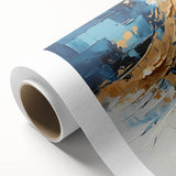 Abstract wall art featuring vibrant strokes in shades of blue, orange, and yellow on rolled canvas, ideal for modern home decor, enhancing aesthetic appeal.