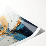 Abstract wall art print showcasing vibrant, colorful strokes in shades of blue, orange, and pink, rolled and ready for display, perfect for modern home decor.