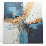 Abstract strokes wall art on stretched canvas, featuring vibrant colors and dynamic lines, leaning against a neutral wall, perfect for modern decor.