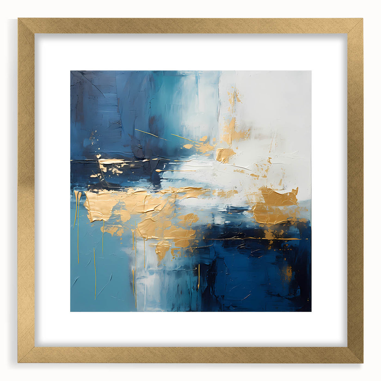 Abstract wall art print featuring vibrant strokes in shades of blue, gold, and gray, framed with a sleek gold mat. Ideal for modern home decor.