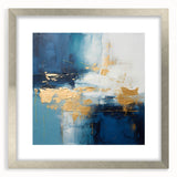 Abstract wall art featuring vibrant strokes in various shades of blue, gold, and white, framed with a sleek silver mat, enhancing modern decor aesthetics.