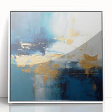 Framed abstract wall art featuring colorful strokes in hues of blue, pink, and yellow, set against a sleek white background, perfect for modern home decor.