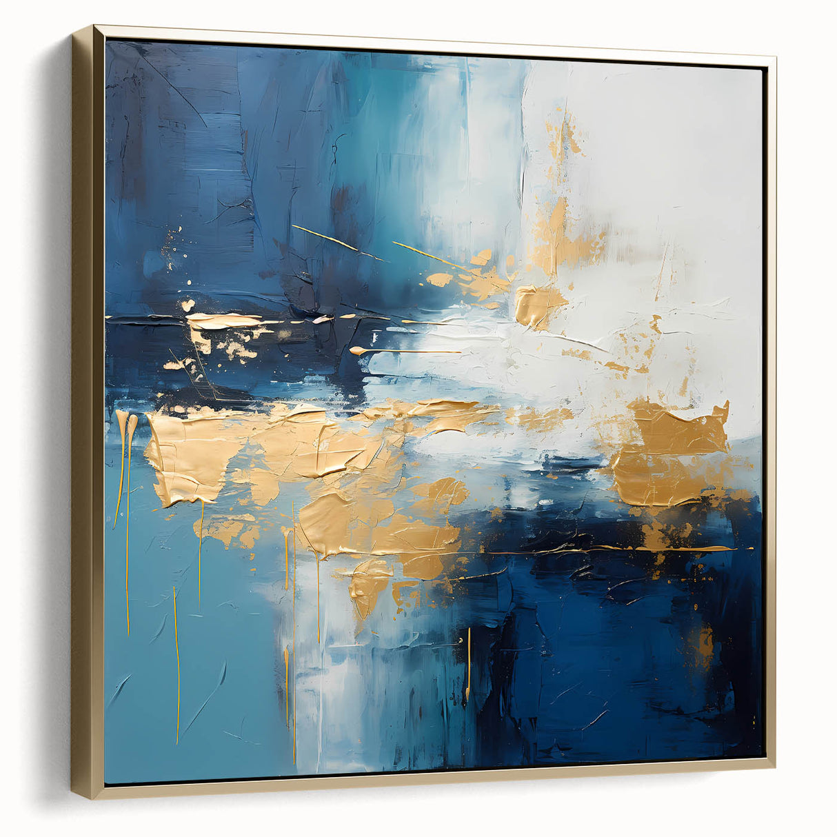 Framed wall art featuring abstract strokes in silver and gold on a textured canvas, perfect for modern home decor or office aesthetics, enhancing any space with elegance.